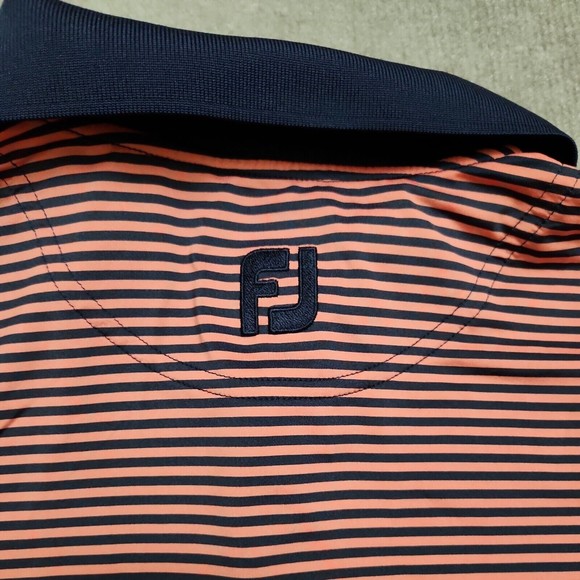 Footjoy FJ Golf Polo Shirt Mens Large Blue Peach Striped Performance Stretch - Picture 7 of 8
